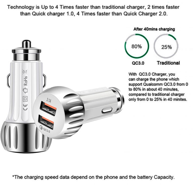 YSY-310QC18W QC3.0 Dual Port USB Car Charger + 3A USB to 8 Pin Data Cable, Cable Length: 1m(White) - Car Charger by PMC Jewellery | Online Shopping South Africa | PMC Jewellery