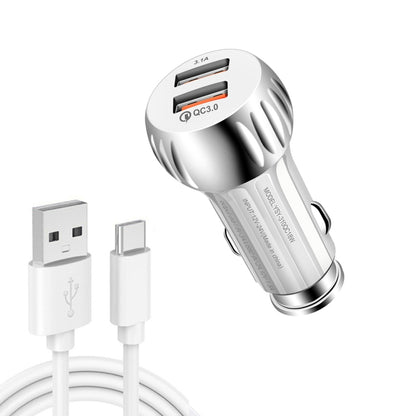 YSY-310QC18W QC3.0 Dual Port USB Car Charger + 3A USB to USB-C / Type-C Data Cable, Cable Length: 1m(White) - Car Charger by PMC Jewellery | Online Shopping South Africa | PMC Jewellery