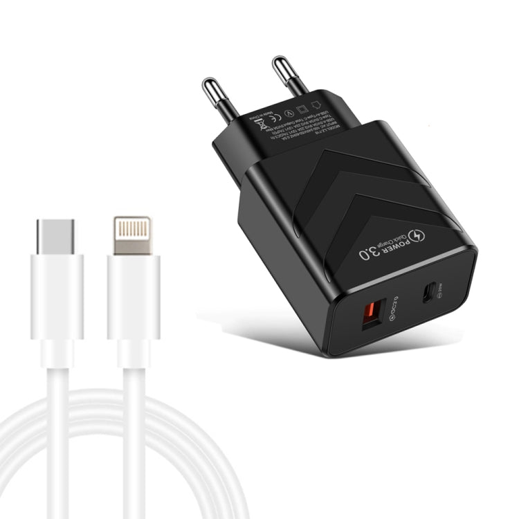 LZ-715 20W PD + QC 3.0 Dual Ports Fast Charging Travel Charger with USB-C / Type-C to 8 Pin Data Cable, EU Plug(Black) - USB Charger by PMC Jewellery | Online Shopping South Africa | PMC Jewellery