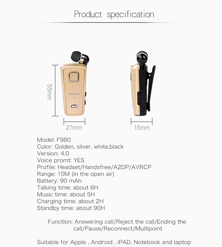 Fineblue F980 CSR4.1 Retractable Cable Caller Vibration Reminder Anti-theft Bluetooth Headset - Bluetooth Earphone by Fineblue | Online Shopping South Africa | PMC Jewellery | Buy Now Pay Later Mobicred