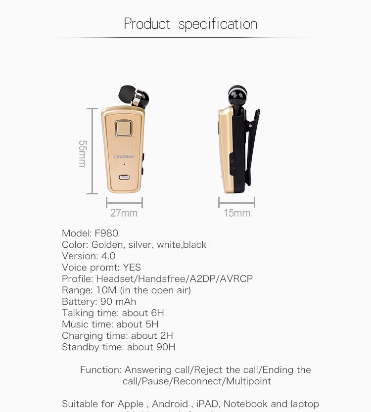 Fineblue F980 CSR4.1 Retractable Cable Caller Vibration Reminder Anti-theft Bluetooth Headset - Bluetooth Earphone by Fineblue | Online Shopping South Africa | PMC Jewellery