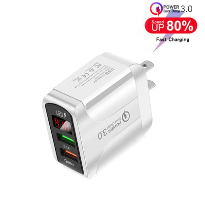 F002C QC3.0 USB + USB 2.0 LED Digital Display Fast Charger with USB to 8 Pin Data Cable, US Plug(White) - USB Charger by PMC Jewellery | Online Shopping South Africa | PMC Jewellery