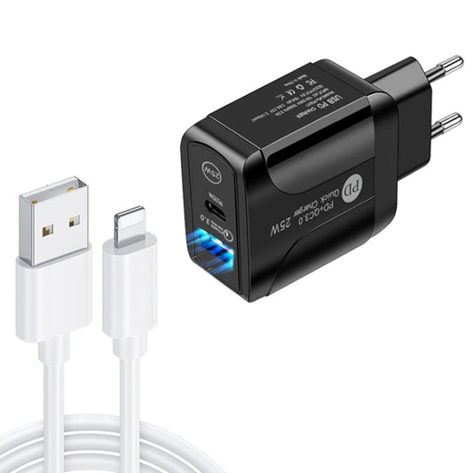 PD25W USB-C / Type-C + QC3.0 USB Dual Ports Fast Charger with USB to 8 Pin Data Cable, EU Plug(Black) - USB Charger by PMC Jewellery | Online Shopping South Africa | PMC Jewellery | Buy Now Pay Later Mobicred