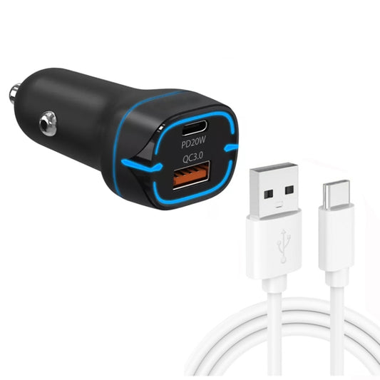 38W PD20W + QC3.0 USB Car Charger with USB to Type-C Data Cable, Length: 1m(Black) - Car Charger by PMC Jewellery | Online Shopping South Africa | PMC Jewellery
