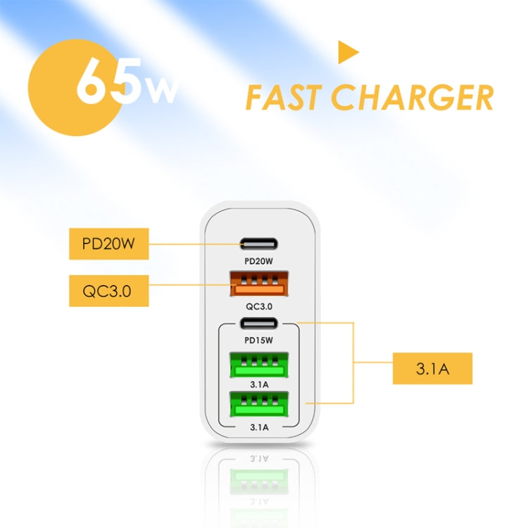 65W Dual PD Type-C + 3 x USB Multi Port Charger with 3A USB to Micro USB Data Cable, EU Plug(White) - USB Charger by PMC TechLife | Online Shopping South Africa | PMC TechLife | Buy Now Pay Later Mobicred