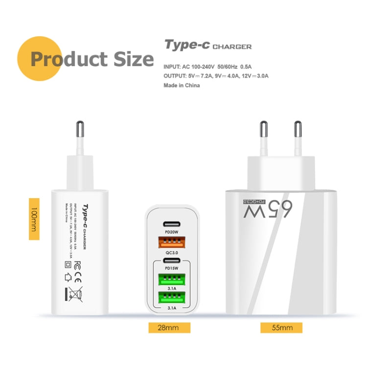 65W Dual PD Type-C + 3 x USB Multi Port Charger with 3A USB to Micro USB Data Cable, EU Plug(White) - USB Charger by PMC TechLife | Online Shopping South Africa | PMC TechLife | Buy Now Pay Later Mobicred