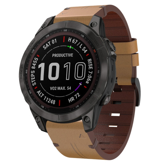 For Garmin Fenix 7 22mm Leather Steel Buckle Watch Band (Light Brown) - Smart Wear by PMC Jewellery | Online Shopping South Africa | PMC Jewellery