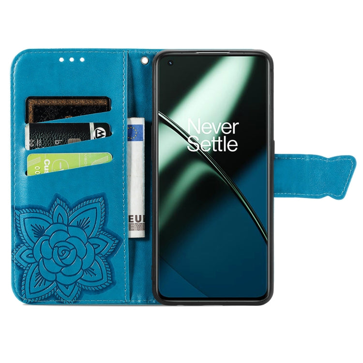 For OnePlus 11 Butterfly Love Flower Embossed Flip Leather Phone Case(Blue) - OnePlus Cases by PMC Jewellery | Online Shopping South Africa | PMC Jewellery