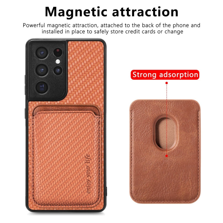 For Samsung Galaxy S21 Ultra 5G Carbon Fiber Leather Card Magsafe Magnetic Phone Case(Brown) - Galaxy S21 Ultra 5G Cases by PMC Jewellery | Online Shopping South Africa | PMC Jewellery