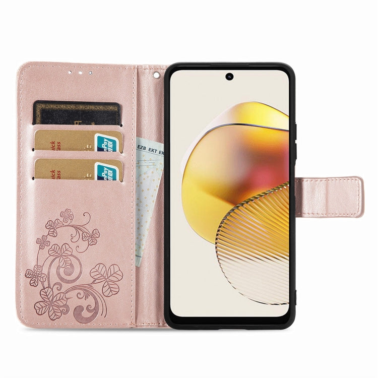 For Motorola Moto G73 Four-leaf Clasp Embossed Buckle Leather Phone Case(Rose Gold) - Motorola Cases by PMC Jewellery | Online Shopping South Africa | PMC Jewellery