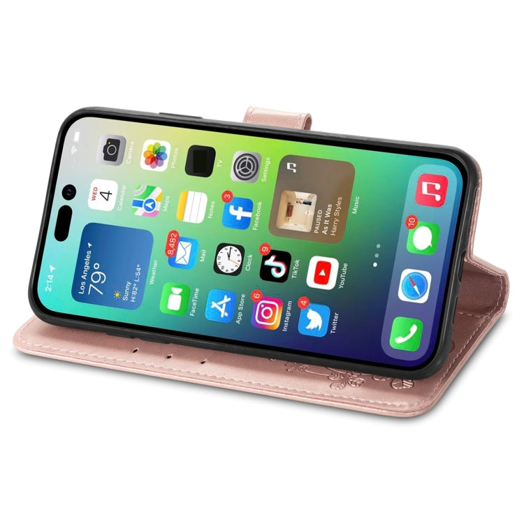 For iPhone 15 Four-leaf Clasp Embossed Buckle Leather Phone Case(Rose Gold) - iPhone 15 Cases by PMC TechLife | Online Shopping South Africa | PMC TechLife
