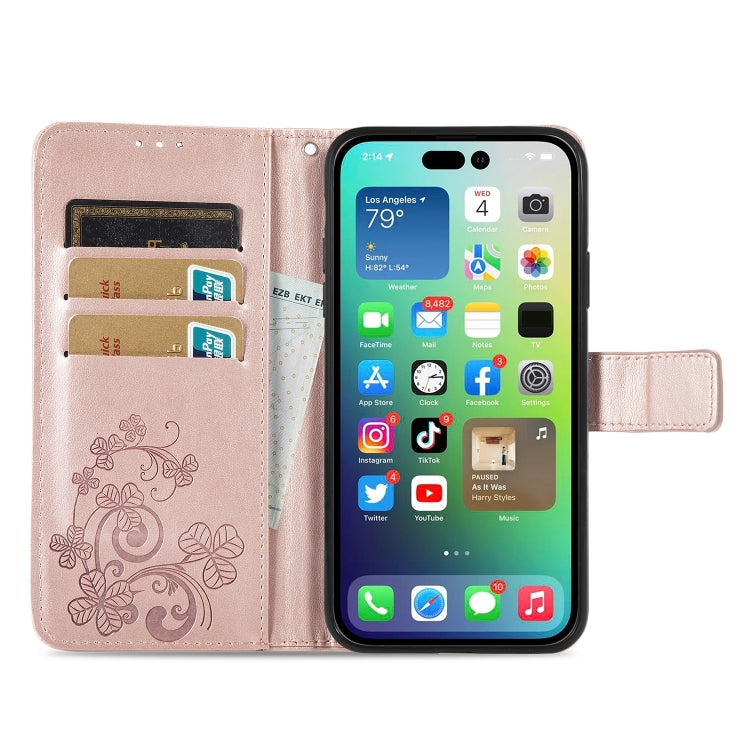 For iPhone 15 Plus Four-leaf Clasp Embossed Buckle Leather Phone Case(Rose Gold) - iPhone 15 Plus Cases by PMC TechLife | Online Shopping South Africa | PMC TechLife
