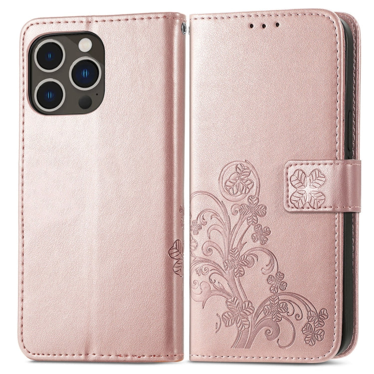 For iPhone 15 Pro Max Four-leaf Clasp Embossed Buckle Leather Phone Case(Rose Gold) - iPhone 15 Pro Max Cases by PMC TechLife | Online Shopping South Africa | PMC TechLife