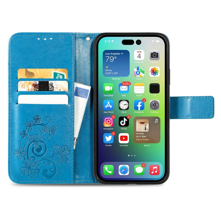 For iPhone 15 Pro Max Four-leaf Clasp Embossed Buckle Leather Phone Case(Blue) - iPhone 15 Pro Max Cases by PMC Jewellery | Online Shopping South Africa | PMC Jewellery