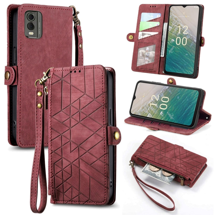 For Nokia C32 Geometric Zipper Wallet Side Buckle Leather Phone Case(Red) - Nokia Cases by PMC Jewellery | Online Shopping South Africa | PMC Jewellery