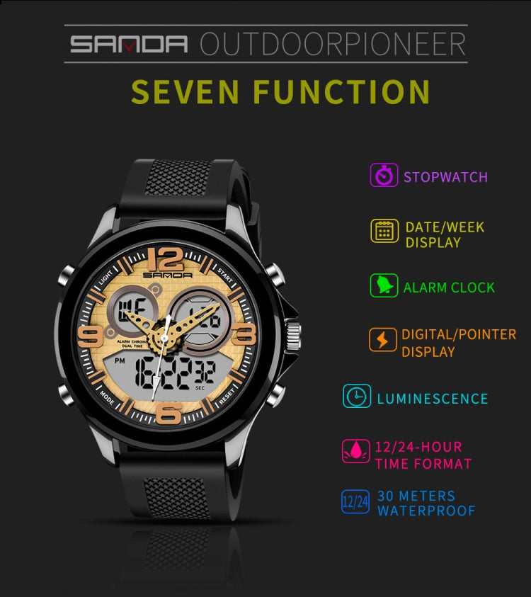 SANDA 793 large Dial Tide Watch Student Fashion Trend Multi Function Double Glow Waterproof Electronic Watch(Gold) - Sport Watches by SANDA | Online Shopping South Africa | PMC Jewellery | Buy Now Pay Later Mobicred