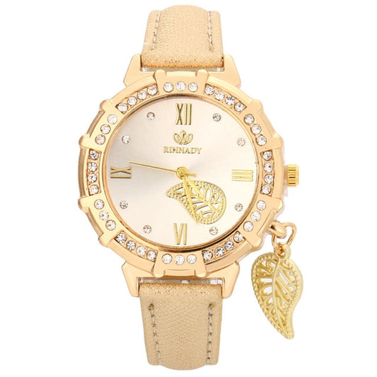 Dial Plated Diamond PU Leather Belt Watch with Leaf Pendant(Gold) - Leather Strap Watches by PMC Jewellery | Online Shopping South Africa | PMC Jewellery