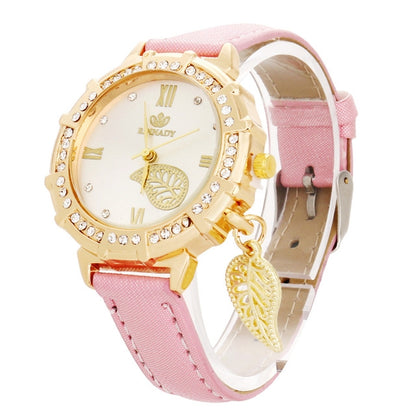 Dial Plated Diamond PU Leather Belt Watch with Leaf Pendant(Pink) - Leather Strap Watches by PMC Jewellery | Online Shopping South Africa | PMC Jewellery