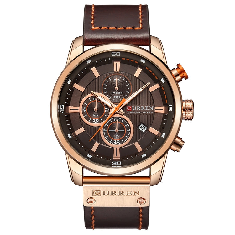 CURREN M8291 Chronograph Watches Casual Leather Watch for Men(Rose case coffee face) - Leather Strap Watches by CURREN | Online Shopping South Africa | PMC Jewellery | Buy Now Pay Later Mobicred