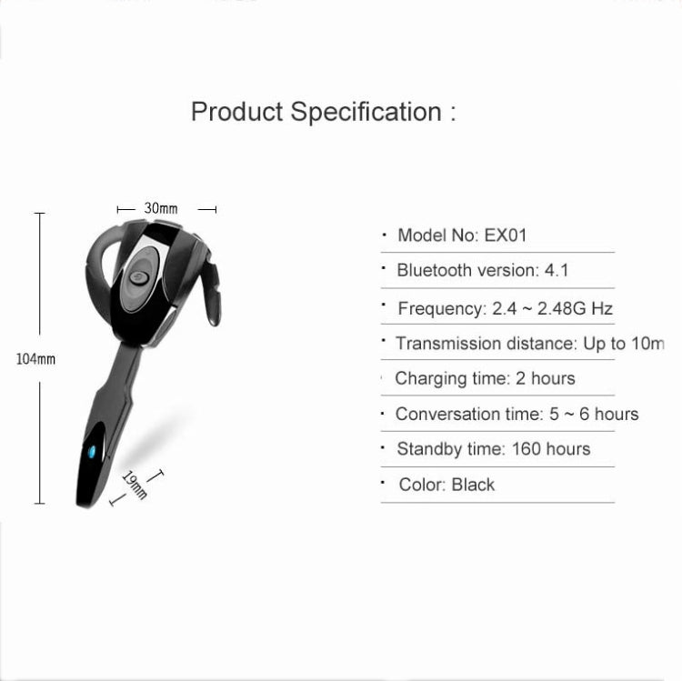ex-01 Bluetooth 4.1 Business Hanging Ear Bluetooth Earphone(Black) - Bluetooth Earphone by PMC TechLife | Online Shopping South Africa | PMC TechLife
