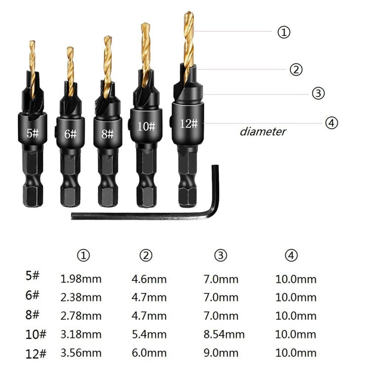 5 PCS/Set Countersink Woodworking Drill Bit Set Hexagon Screw Hardware Tool(Gold) - Drill & Drill Bits by PMC Jewellery | Online Shopping South Africa | PMC Jewellery