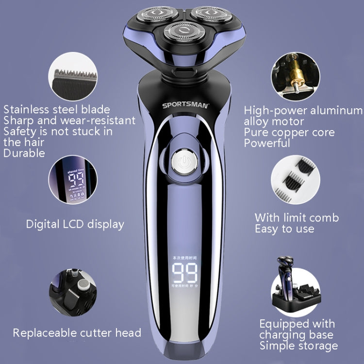 Sportsman SM-530 Electric Men Shaving Knife Multi-Function Base Charging Digital Water Washing Razor, Specification: US Plug(Purple) - free shipping - PMC TechLife - Order now!