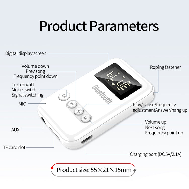 K6-W Bluetooth 5.0 Receiver Transmitter 2 in 1 Adapter Computer Speaker Car FM (White) - free shipping - PMC TechLife - Order now!