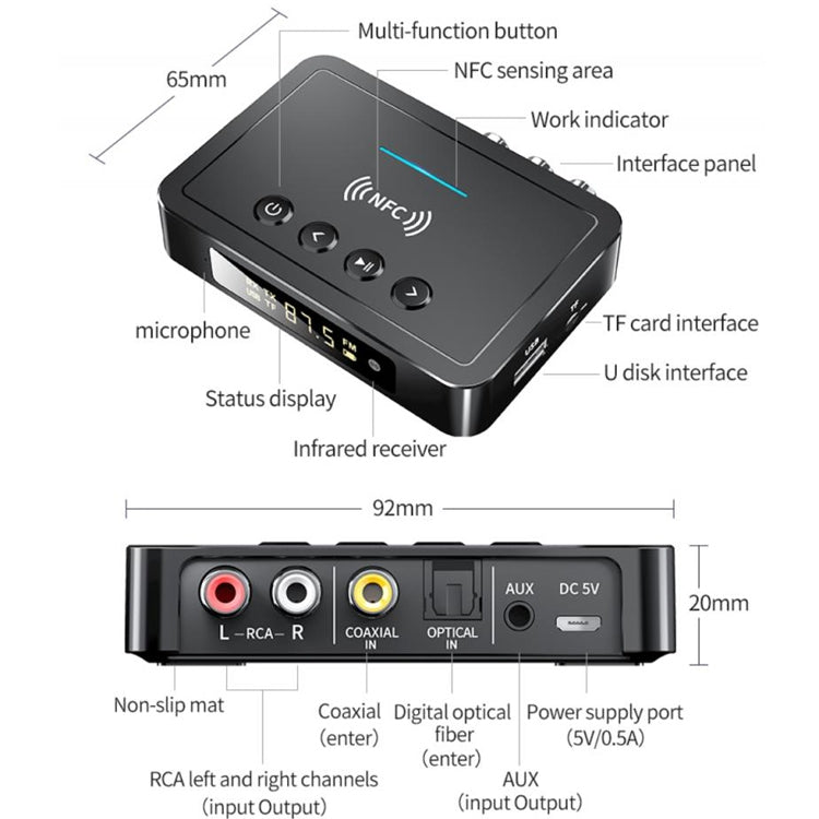 M6 NFC Bluetooth 5.0 Receiver & Transmitter & FM 3 In 1 Adapter(Black) - Audio Receiver Transmitter by PMC TechLife | Online Shopping South Africa | PMC TechLife