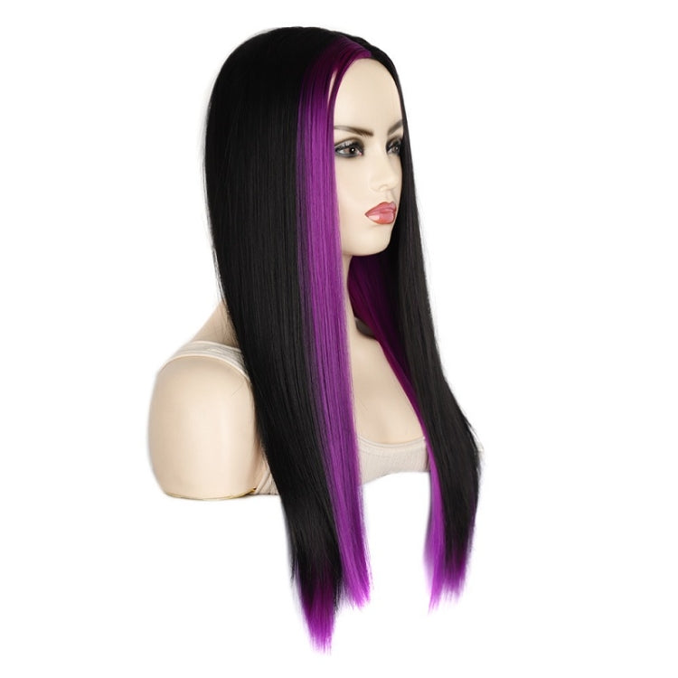 Fashion Medium Haircut Side Bangs Highlight Color Long Straight Wig(Black Light Purple) - Wigs by PMC Jewellery | Online Shopping South Africa | PMC Jewellery