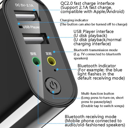 RAYEE K8 Bluetooth 5.0 Audio Receiver & Transmitter 2 in 1 Adapter Support 2.1A Fast Charge U Disk, US Plug - Audio Receiver Transmitter by PMC Jewellery | Online Shopping South Africa | PMC Jewellery