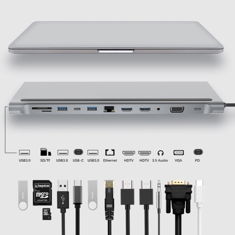 12 In 1 Type C Laptop Smart Docking Station(Gray) - USB HUB by PMC TechLife | Online Shopping South Africa | PMC TechLife