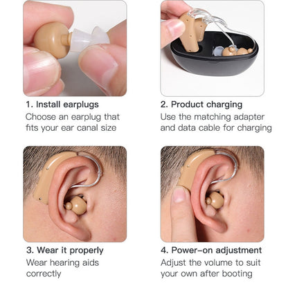 Elderly Use Can Charge Sound Amplifier Hearing Aid, Specification: EU Plug(Skin Color Double Machine+Black Charging Bin) - Hearing Aids by PMC Jewellery | Online Shopping South Africa | PMC Jewellery