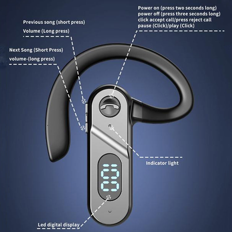 V28 Bluetooth Headset Hanging Ear Digital Display Single Ear Voice Control Earphone(Black) - Bluetooth Earphone by PMC TechLife | Online Shopping South Africa | PMC TechLife