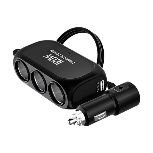 2 PCS Dual USB + Type-C / USB-C 3 Hole Cigar Socket Car Charger, Style: Fast Charge Version(Black) - Car Charger by PMC Jewellery | Online Shopping South Africa | PMC Jewellery