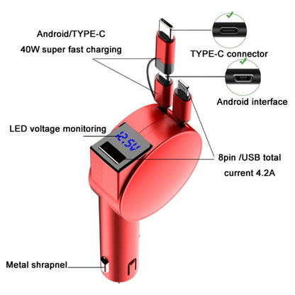 3 In 1 60W Fast Charging Dual Cable Retractable Car Charger(Red) - Car Charger by PMC Jewellery | Online Shopping South Africa | PMC Jewellery