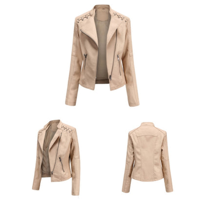 Women Short Leather Jacket Slim Jacket Motorcycle Suit, Size: XXXL(Coffee) - Jacket & Loose Coat by PMC Jewellery | Online Shopping South Africa | PMC Jewellery