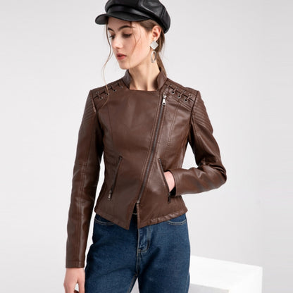 Women Short Leather Jacket Slim Jacket Motorcycle Suit, Size: S(Khaki) - Jacket & Loose Coat by PMC Jewellery | Online Shopping South Africa | PMC Jewellery