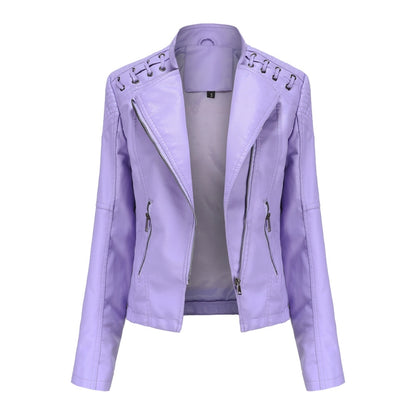 Women Short Leather Jacket Slim Jacket Motorcycle Suit, Size: M(Pale Lisianthus) - Jacket & Loose Coat by PMC Jewellery | Online Shopping South Africa | PMC Jewellery