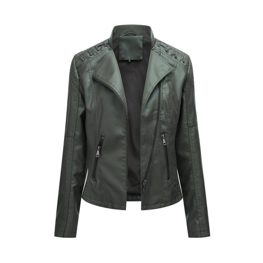 Women Short Leather Jacket Slim Jacket Motorcycle Suit, Size: M(Green) - Jacket & Loose Coat by PMC Jewellery | Online Shopping South Africa | PMC Jewellery