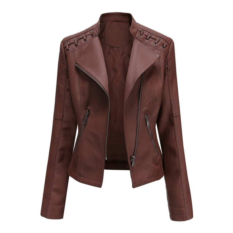 Women Short Leather Jacket Slim Jacket Motorcycle Suit, Size: XL(Coffee) - Jacket & Loose Coat by PMC Jewellery | Online Shopping South Africa | PMC Jewellery