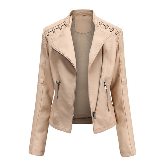 Women Short Leather Jacket Slim Jacket Motorcycle Suit, Size: XL(Khaki) - Jacket & Loose Coat by PMC Jewellery | Online Shopping South Africa | PMC Jewellery