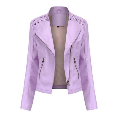 Women Short Leather Jacket Slim Jacket Motorcycle Suit, Size: XL(Light Cherry Pink) - Jacket & Loose Coat by PMC Jewellery | Online Shopping South Africa | PMC Jewellery