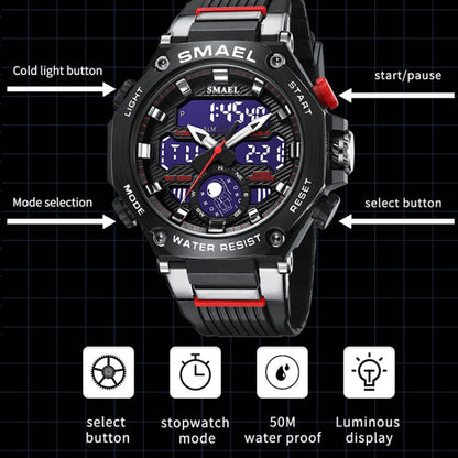 SMAEL 8069 Outdoor Multifunctional Waterproof Sports Alloy Luminous Watch(Black Silver) - LED Digital Watches by SMAEL | Online Shopping South Africa | PMC Jewellery | Buy Now Pay Later Mobicred