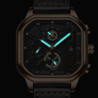 BINBOND B6577 30M Waterproof Luminous Square Quartz Watch, Color: Black Leather-Black-Rose Gold - Leather Strap Watches by BINBOND | Online Shopping South Africa | PMC Jewellery | Buy Now Pay Later Mobicred