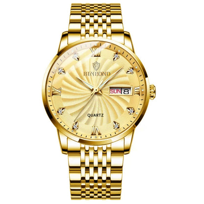 BINBOND B3034 Diamond 30m Waterproof Business Watch Men's Butterfly Buckle Luminous Quartz Watch(Full-gold-Gold) - Metal Strap Watches by BINBOND | Online Shopping South Africa | PMC Jewellery | Buy Now Pay Later Mobicred