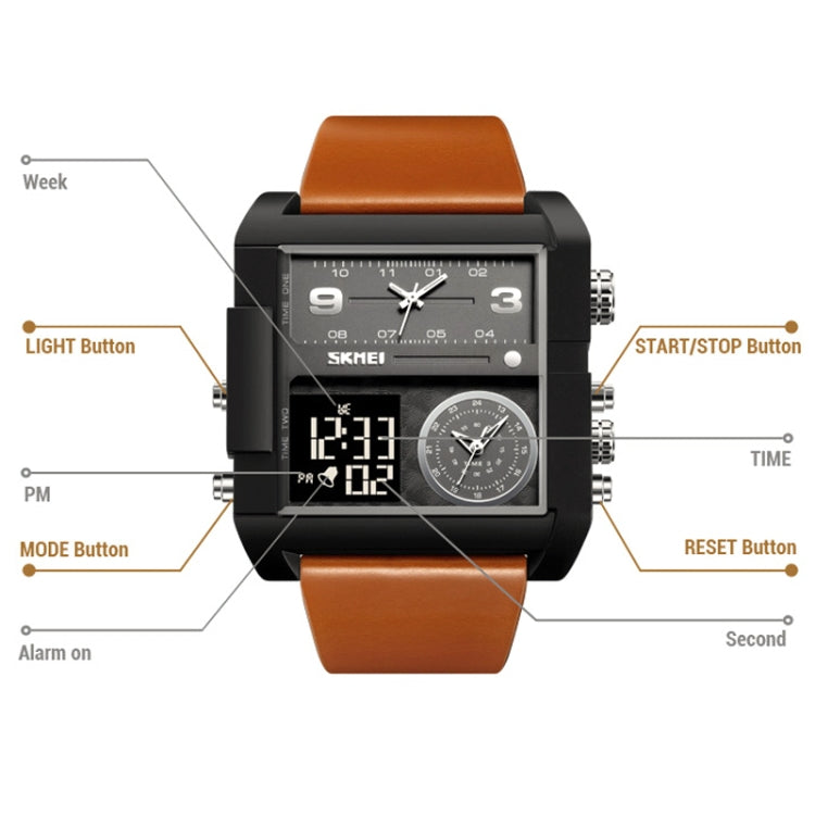 SKMEI 2020 Square Large Dial Triple Movement Men Sports Watch(Silver Shell Brown Belt Black Machine) - LED Digital Watches by SKMEI | Online Shopping South Africa | PMC Jewellery | Buy Now Pay Later Mobicred