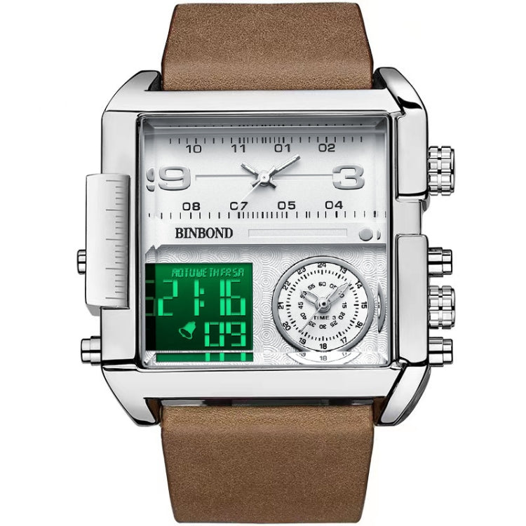 BINBOND B3332 Square Multifunctional Sports Quartz Waterproof Watch(Brown Leather-White-White) - Leather Strap Watches by BINBOND | Online Shopping South Africa | PMC Jewellery | Buy Now Pay Later Mobicred