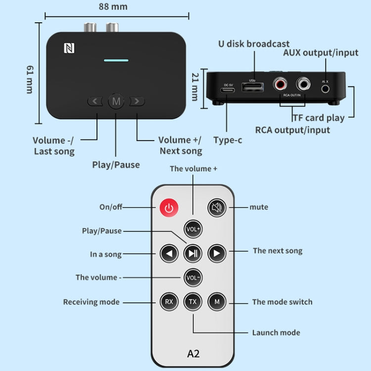 A2 NFC 5.1 Bluetooth U Disk/TF Card/AUX/RCA Receiving Transmitter - Audio Receiver Transmitter by PMC Jewellery | Online Shopping South Africa | PMC Jewellery