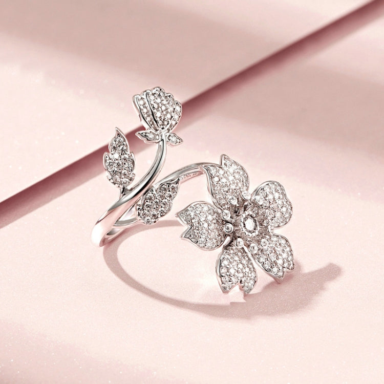 BSR076 Sterling Silver S925 White Gold Plated Zircon Cherry Blossom Open Adjustable Ring -  by PMC Jewellery | Online Shopping South Africa | PMC Jewellery