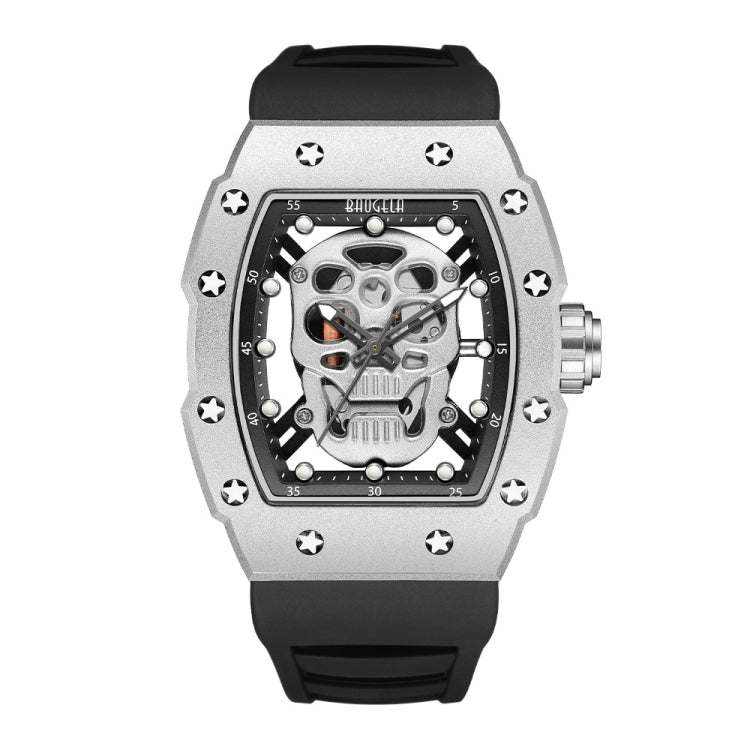 BAOGELA 224141 Hollow Skull Luminous Sports 304 Stainless Steel Silicone Men Watch(Steel Shell White Face Black Belt) - Silicone Strap Watches by BAOGELA | Online Shopping South Africa | PMC Jewellery | Buy Now Pay Later Mobicred